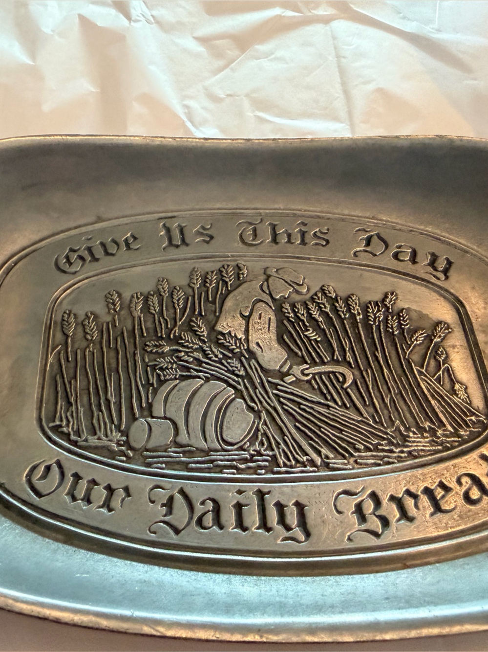 Pewter-Finish Bread Tray with Embossed Harvest Design